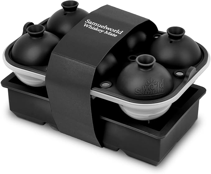 Samuelworld Premium Ice Tray Combo, Large Ice Sphere Maker & Giant Ice Cube Trays, 2 Packs, Food Grade, Easy To Use, Spill-Free Integrated Funnels, Whiskey Bourbon Cocktails (Black)