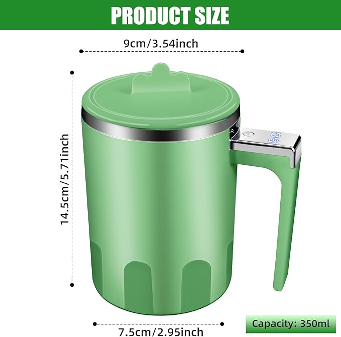 Self Stirring Coffee Mug: 2025 New Rechargeable Auto Magnetic Stirring Mixing Mug with Temperature Display,13oz Stainless Steel Travel Coffee Cup for Office, Home, Kitchen, Best Gift (Green)