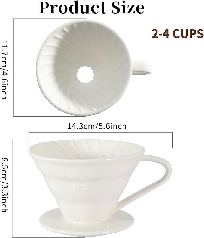 Mongdio V60 Ceramic Pour Over Coffee Dripper, Reusable Porcelain Portable Pour Over Coffee Maker, Slow Brewing Accessories with 1 Holes for Home - Size 02 White