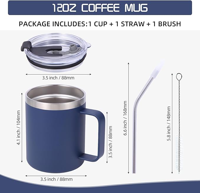 Volhoply 12oz Insulated Leakproof Coffee Mug with Flip & Straw Lid Bulk 8 Pack,Double Wall Vacuum Stainless Steel Travel Tumbler Cup with Handle,Reusable Camping Keep Cold/Hot(Navy,8 Set)