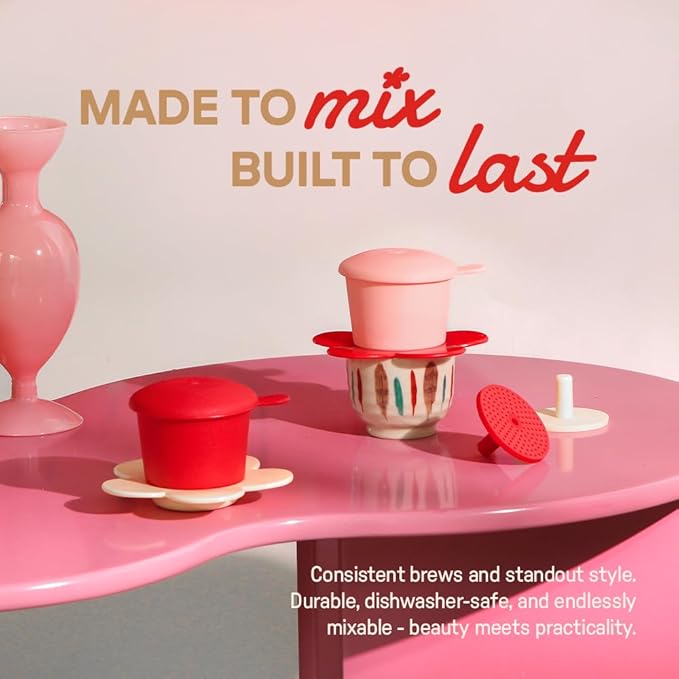 – Vietnamese Coffee Dripper – MIX COLORS – Pour Over Coffee Maker with Flower Design – Reusable Coffee Filter for Sustainable Brewing (Red + Pink)