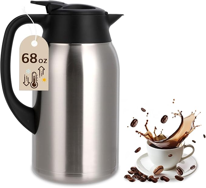 68 oz Coffee Carafe for Keeping Hot - 12 Hour Hot Drinks and 24 Hour Cold Drinks Stainless Steel Insulated Pot with Anti-Drip Spout, 316 Food Grade Thermal carafe Pot for Home/Camping/Office Silver