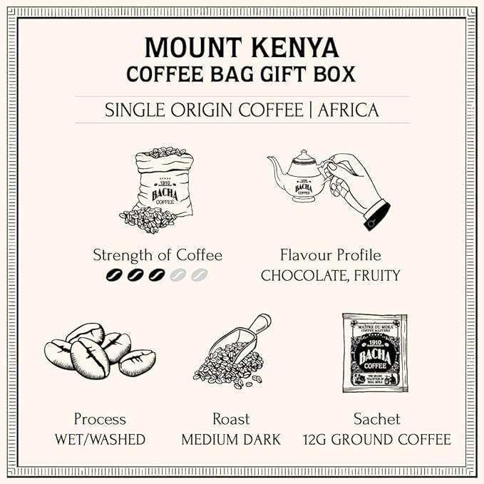 Bacha Coffee | Mount Kenya Single Origin, 100% Arabica Specialty Coffee Beans, Medium Dark Roast, x12 Individually Wrapped Single Serve Filter Bags