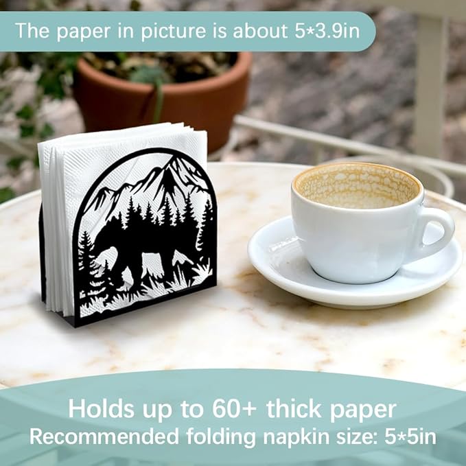 Forest Animals Mountain Decorative Black Metal Napkin Holder for Table, 4.9" x 4.9" x 1.9" Bear Standing Napkin Holder for Home Kitchen Restaurant Picnic Party Coffee Bar Dining Room