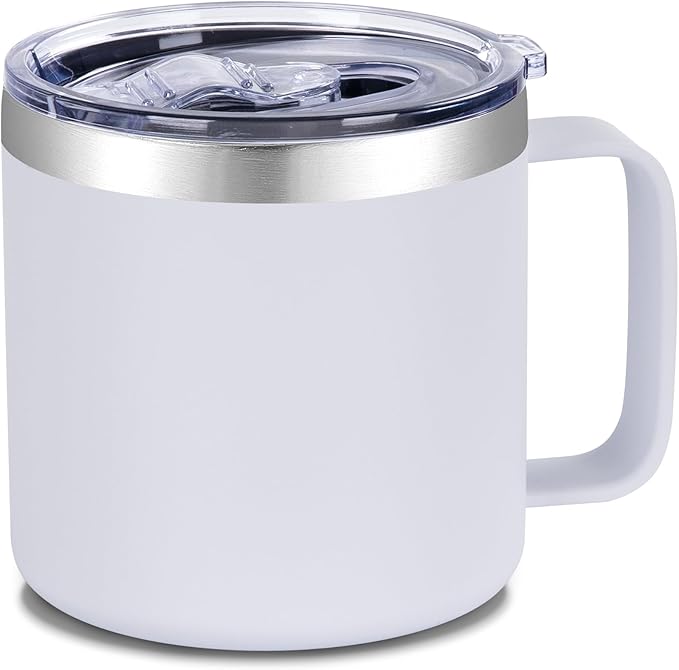 VEGOND 14 oz Insulated Coffee Mug with Handle, Stainless Steel Travel Coffee Mug with Lid, Double Wall Vacuum Metal Coffee Cup, Coffee Tumbler Powder Coated, White 1 Pack