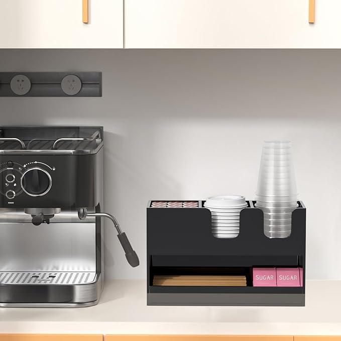 Coffee Condiment and Cup Organizer - 2-Tier Upright Cup and Lid Holder with Straw Organizer 4 Compartments Black Acrylic Cup Dispenser for Restaurant Breakroom Coffee Station Countertop