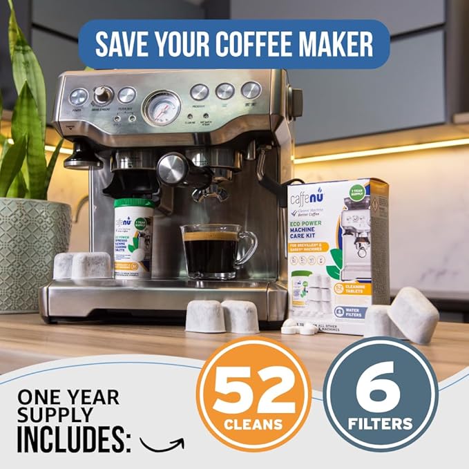 Caffenu Breville Compatible Cleaning Tablets & Water Filter. 52 Espresso Machine Cleaning Tablets & 6 Breville Filters for Espresso Machine. Removes Build-up & Filters Water Impurities. Years Supply.