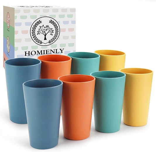 Homienly Wheat Straw Cups Plastic Cups Unbreakable Drinking Cup Reusable Dishwasher Safe Water Glasses Plastic Stackable Water Tumblers in Multi color(20 OZ 8 PCS)