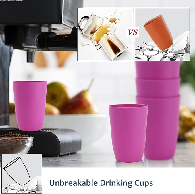 Homienly Wheat Straw Cups 6 PCS Plastic Cups Reusable Unbreakable Drinking Cup Alternative Plastic Cups Plastic Stackable Water Tumblers Dishwasher Safe Water Glasses (16 OZ,Pink)