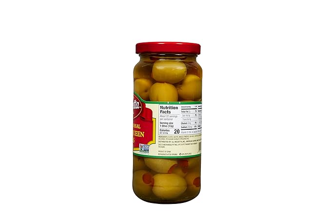 Mezzetta Pimiento Stuffed Spanish Queen Green Olives - Garnish for Martinis - Super Colossal Fruits - Firm Texture, Slightly Salty Flavor - Ideal for Snacks & Cheese Platters - 10 Oz Jar - Pack of 6