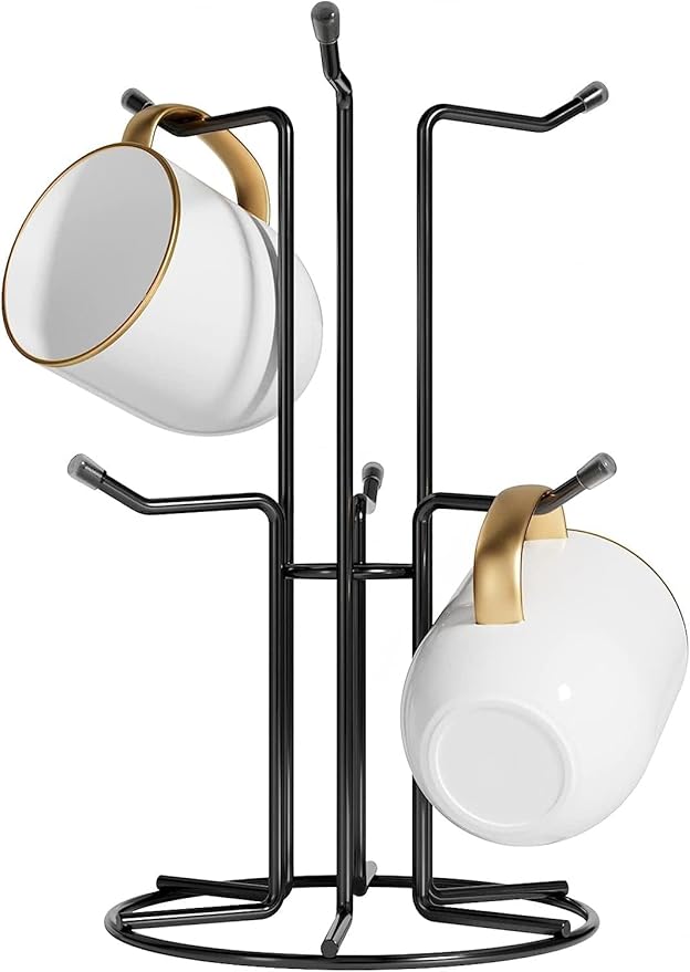 HULISEN Mug Tree for Large Cups, Counter Coffee Mug Holder with 6 Hooks, Metal Coffee Cup Holder Tree, Standing Rack for Countertop, Kitchen Counter Decor, Black