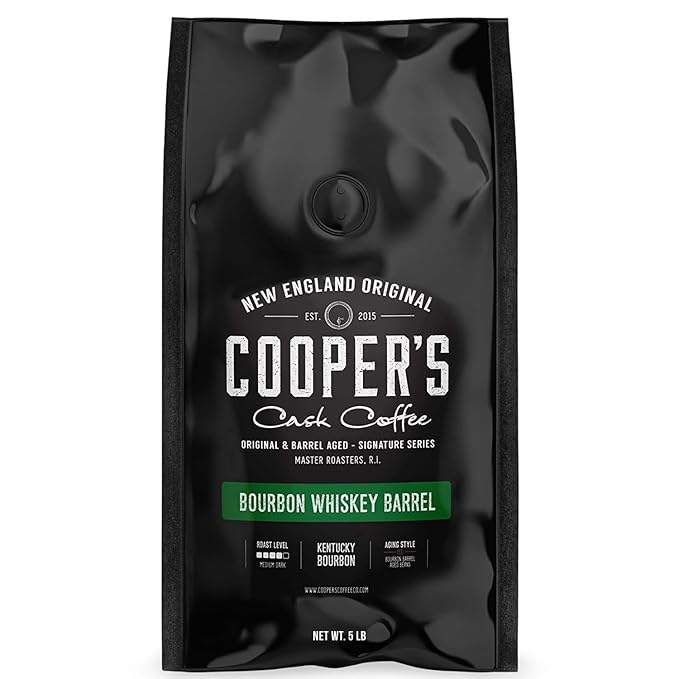 Bourbon Whiskey Barrel Aged Coffee - Whole Bean, Single Origin Grade 1 Colombian Aged in Kentucky Bourbon Whiskey Barrels - 5lb Bags