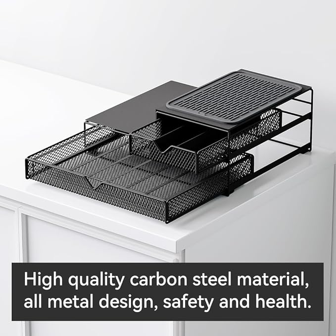 Coffee Maker Countertop Organizer,K Cup Pod Drawers,60 Coffee Capsule Pod Holder,Integrated Design Requires No Assembly.Slidng Storage Pod Baskets,Pod Stands,Silicone Drink Coasters