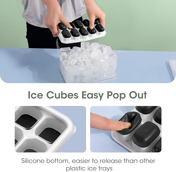 DOQAUS Ice Cube Tray with Lid and Bin - 4 Pack Silicone Ice Cube Trays for Freezer, Stackable Ice Bucket Kits with Storage Container & Scoop for Kitchen, RV, Cocktail, Coffee