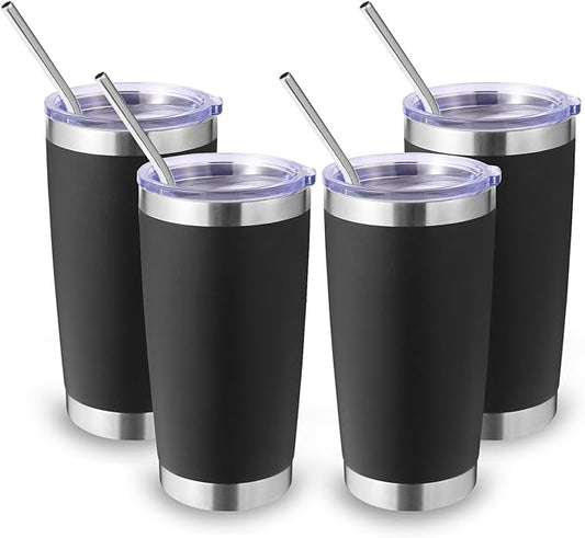 Volhoply 20oz Stainless Steel Tumbler with Lid and Straw Bulk 4 Pack,Double Wall Insulated Travel Iced Coffee Mug Fits Cup holder,Powder Coated Cups for Hot/Cold Drinks,Christmas Gifts（Black,4 Set）