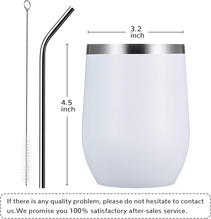 MEWAY 12oz/8 Pack Wine Tumbler Glasses with Lid - Stemless Double Wall Vacuum Stainless Steel Travel Tumbler - Keeping Cold & Hot for Wine,Coffee,Cocktails,Drinks-Family and Gifts (White,Set of 8)