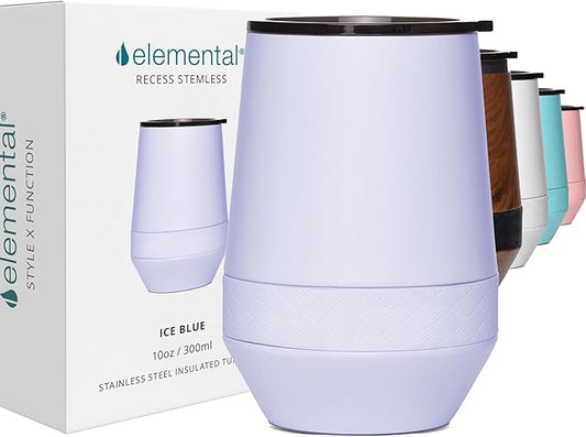 Elemental Recess Wine Tumbler - Triple Wall Insulated Stainless Steel Coffee Mug for Hot & Cold Drinks - Portable Cup with Shatterproof Sip Lid for Camping, Outdoor & Travel - 10oz - Ice Blue