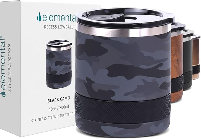 Elemental Recess Lowball Tumbler, 10oz Triple Wall Stainless Steel Cup with Non-Shattered Tritan Lid, Insulated Whiskey Glass, Insulated Coffee Tumbler Mug for Hot & Cold Drinks - Black Camo