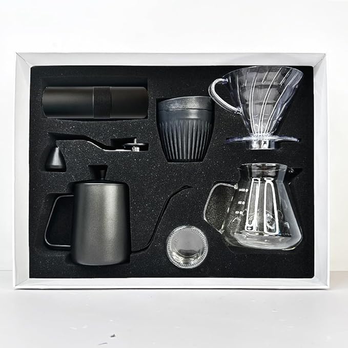DS&DV Coffee Maker Set,Incl,Conical Filter Cup, Server, Pour Over Kettle, Cup, Manual Grinder,Hand Brewing for Camping and Traveling Personal Bar (6 in 1 Coffee Makers)