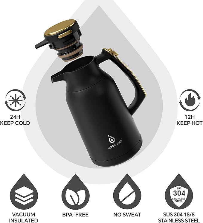 IDEUS Thermal Coffee Carafe 68oz (2,000ml), Stainless Steel Double Wall Insulated Vacuum Flask, Water Jug Coffee Server and Beverage Dispenser, Heat and Cold Retention (Black-Gold, 68oz (2,000ml))