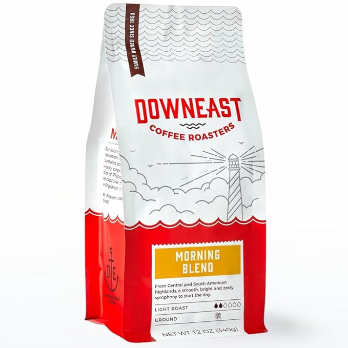 Downeast Coffee Roasters Ground Coffee - Morning Breakfast Blend, Light Roast, 100% Arabica Coffee - Smooth, Bright and Balanced - South American Highlands Blend (GROUND COFFEE, 12 oz Bag)