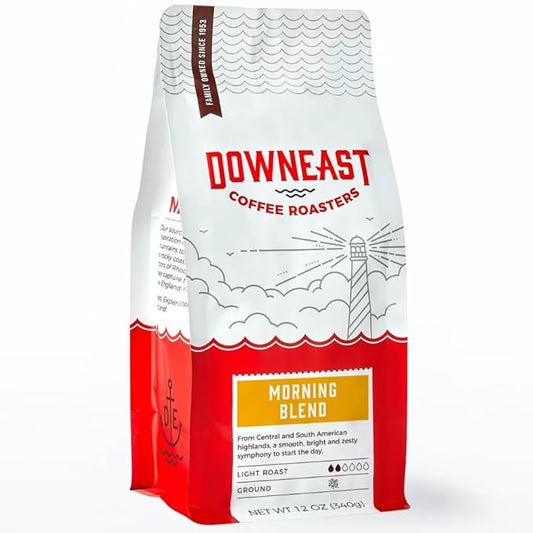 Downeast Coffee Roasters Ground Coffee - Morning Breakfast Blend, Light Roast, 100% Arabica Coffee - Smooth, Bright and Balanced - South American Highlands Blend (GROUND COFFEE, 12 oz Bag)