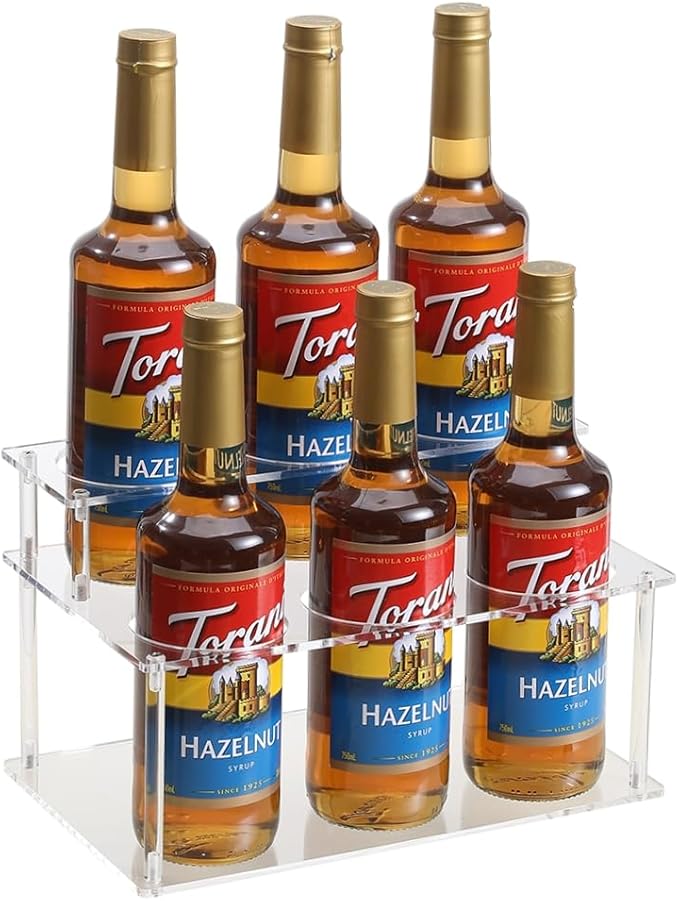 IEEK Coffee Syrup Rack,2 Tier Clear Acrylic Coffee Syrup Organizer with anti slip padfor Coffee Bar,Kitchen.Small Wine Rack for Bar,Family,Storage for Syrup,Wine,Dressing,6 Bottle Capacity
