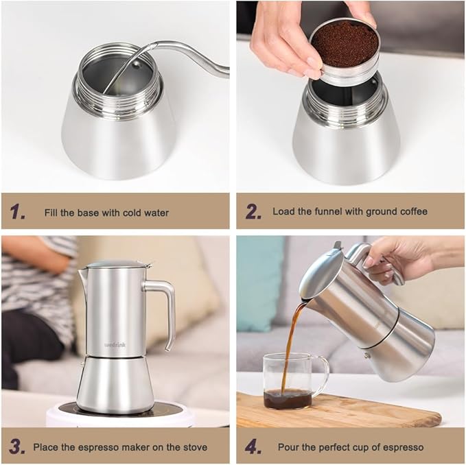 wedrink Stovetop Espresso Maker 6 Espresso Cups Stainless Steel Moka Pot for Greca, Induction, Electric & Gas Stoves(10 OZ/300ml)