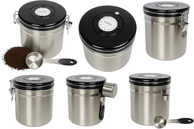Stainless Steel Coffee Canister with Date Tracker, CO2 Release Valve, 1.5L Airtight Container, Measuring Spoon for Coffee Beans, Grounds, Tea