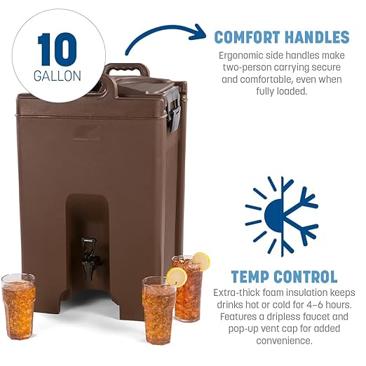 Carlisle FoodService Products Cateraide Insulated Beverage Dispenser with Handles for Catering, Kitchen, and Restaurants, Plastic, 10 Gallons, Brown