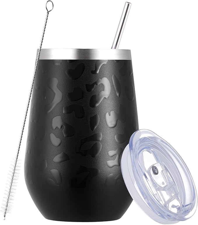 MEWAY 12oz Stainless Steel Wine Tumbler with Lid - Double Wall Vacuum Insulated Swig cups for Hot and Cold Drinks, Ideal for Coffee, Beer, Wine gifts for Women under 10 dollars(Black Leopard,1)