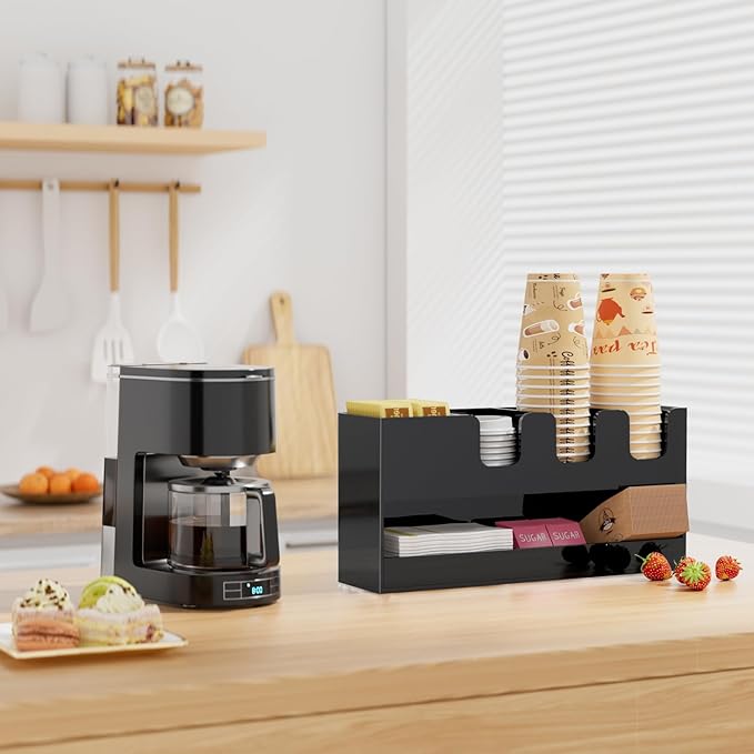 Coffee Condiment and Cup Organizer - 2-Tier Upright Cup and Lid Holder with Straw Organizer 5 Compartments Black Acrylic Cup Dispenser for Restaurant Breakroom Coffee Station Countertop