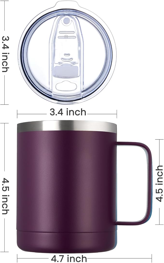MEWAY 12oz Coffee Mug With Handle 2 Pack Bulk,Stainless Steel Insulated Travel Tumblers With Sliding Lid,Double Wall Vacuum Camping Cup for Hot & Cold Drinks Tea (Forest Green&Plum,Set of 2)