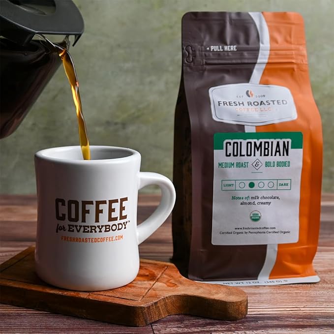 Fresh Roasted Coffee, Organic Colombian | USDA Organic, 100% Single Origin, Kosher | Medium Roast 12 oz Ground
