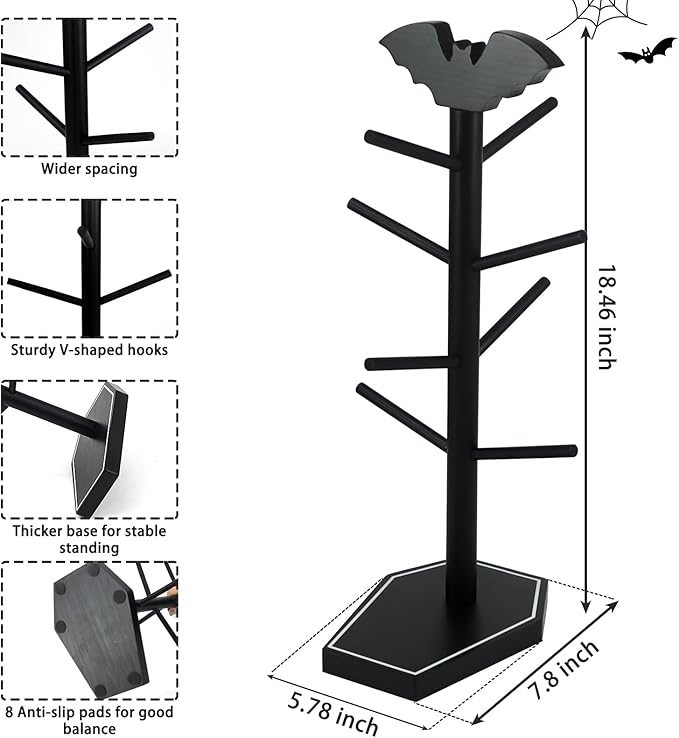 Bat Mug Holder Tree - 8 Hooks Coffee Mug Rack - Gothic Home Decor Wood Coffee Mug Tree for Countertop - Coffee Cup Holder for Halloween Kitchen Organizer & Coffee Bar Accessories (Coffin)