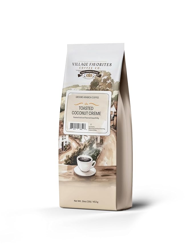 Village Favorites Flavored Coffee – Low Acid, Mold-Free, 100% Arabica, Slow Roasted Medium Roast, Smooth & Stomach Friendly, Ground, 1LB Bag (16oz)- Kosher (16oz, Toasted Coconut Crème)