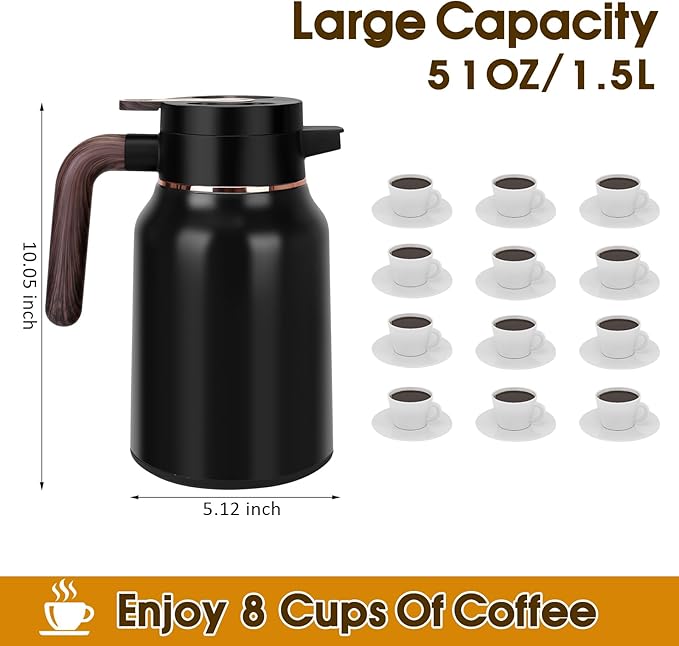 51oz Thermal Coffee Carafe, Stainless Steel Carafes for Hot Liquids 12 Hours, Insulated Coffee Carafes For Keeping Hot Coffee, Hot Water, Tea, Hot Beverage (Black)