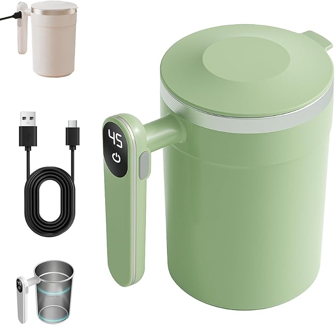 Automatic Stirring Coffee Mug,Magnetic Stirring Cup with Lid for Home Office Travel,Stainless Steel Rotating Self Mixing Mug for Coffee/Milk/Tea/Hot Chocolat (A-Green-Rechargeable)