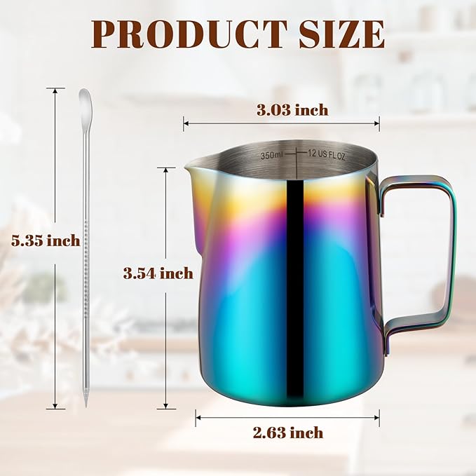 Milk Frothing Pitcher, 12 oz Milk Frother Cup with Clear Scale, 304 Stainless Steel Cappuccino Espresso Machine Accessories for Barista Coffee Bar with Latte Art Pen, Multicolor