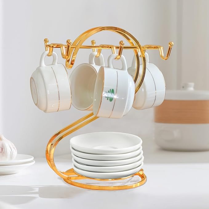 Coffee Mug Holder Metal,Mug TeaCups Holders Countertop,Coffee Mug Tea Cup Stand Storage Rack Tabletop Counter 6 Hooks(Gold)