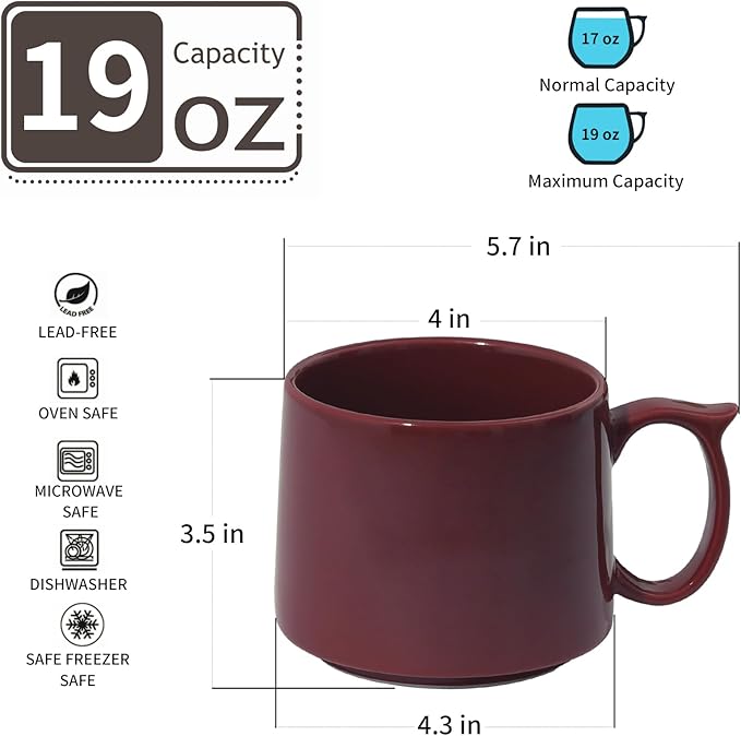 Coffee Mugs Gift Set of 4, Large 19 oz Stackable Ceramic Coffee Mug, Coffee Cups with Large Handle for Latte, Cappuccino, Milk, Tea, Dishwasher & Microwave Safe, Ideal Gift for Men, Women - Red