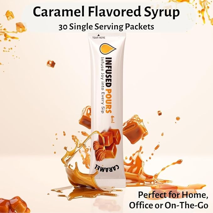 Single Serving Caramel Syrup Packets for Coffee and Cocktails - 6mL Each, 30 Count - Bag of Syrups by Infused Pours (6mL, Caramel)