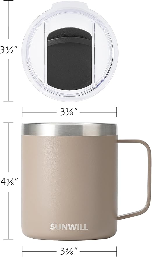 SUNWILL Travel Coffee Mug Set of 2, Insulated Tumbler with Lid, 14oz Stainless Steel Cup with Handle for Camping, Office, Home, Powder Coated Cream & Taupe