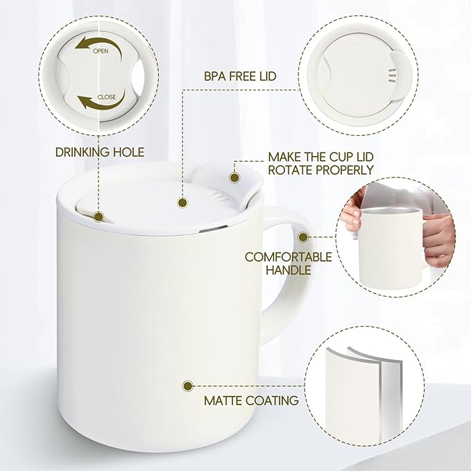 12oz Insulated Camping Coffee Mug with Lid & Handle, Double Wall Stainless Steel Vacuum Travel Coffee Cup, Reusable Tumbler for Home Office Camping - White