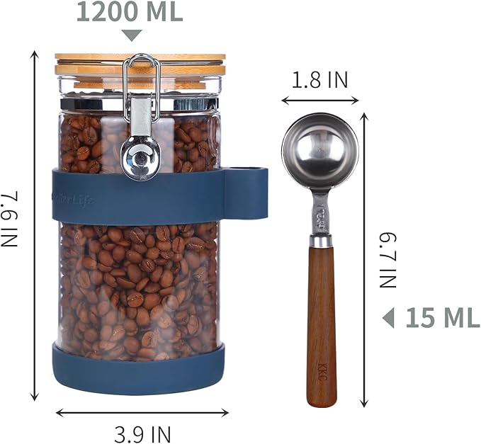 KKC Airtight Coffee Canister, Glass Coffee Bean Storage Contaienr with Silicon Scoop Holder, Non-Slip Silicon Coffee Storage Canister with Spoon for 1 lb Bean,40 Fluid-oz, Indigo
