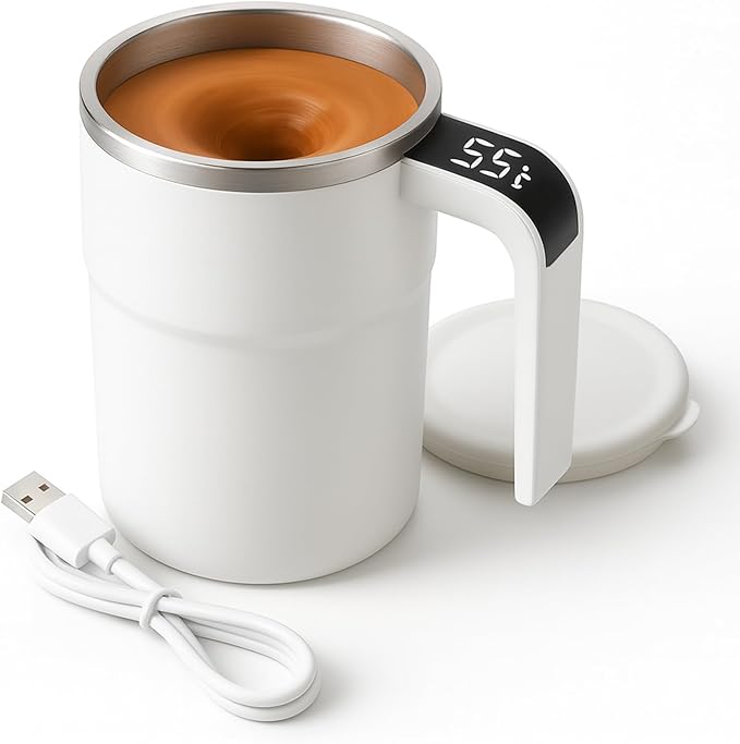 Electric Coffee Mug with a Built-in LCD Thermometer, Rechargeable Automatic Magnetic Self Stirring Coffee Mug, for Brewing Coffee, Milk, Cocoa, Portable Travel Mug for Office Home, 380ml (White)