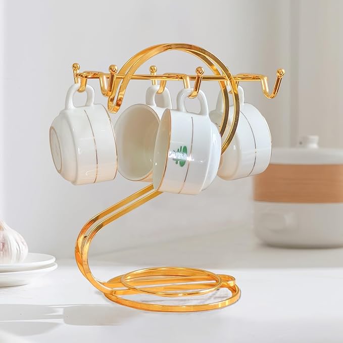 Coffee Mug Holder Metal,Mug TeaCups Holders Countertop,Coffee Mug Tea Cup Stand Storage Rack Tabletop Counter 6 Hooks(Gold)