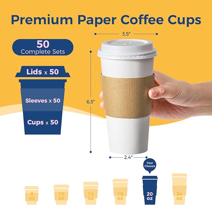 Fit Meal Prep 50 Pack 20 oz Disposable Coffee Cups with Lids, Sleeves, Leak-Proof To Go Coffee Cups with Lids, Durable Hot Paper Cups for Home, Office, Party, Business