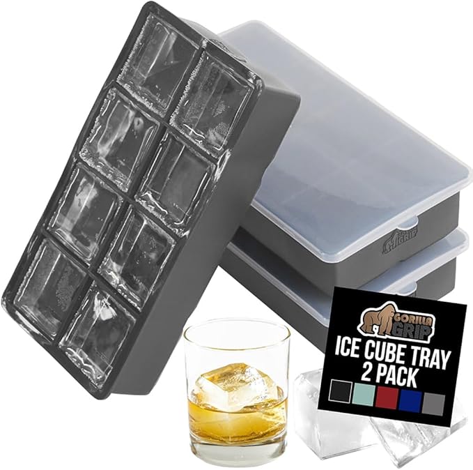 GORILLA GRIP Slow Melting Large Silicone Ice Cube Tray for Freezer, 2 Pack, Easy to Push 8 Giant Square Cubes, Use for Cocktails, Iced Coffee, Water Bottle, Frozen Puree, Kitchen Bar Essentials, Gray