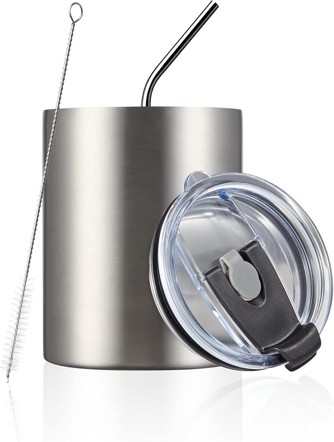 MEWAY 12 oz Lowball, Tumbler Stainless Steel Double Wall Vacuum Insulated Mug with Straw and Lid, Cleaning Brush ，Durable Powder Coated Insulated Coffee Cup for Cold & Hot Drinks (Silver, 1 Pack)